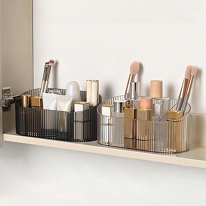 DASITON Large Capacity Makeup Brush Holder,5 Slot Makeup Brush Holder,Vintage striped Make Up Brush Holder,for Vanity Decor,Bathroom Countertops,Desk Storage Container,Cosmetic Display cases(Grey)