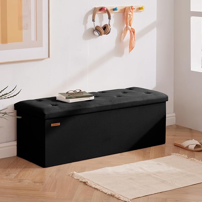 HAUSFRAU 43.3 Inches Ottoman with Storage Bench, Folding Ottoman Bench Foot Rest Stool, Bedroom Bench with Flipping Lid, Linen Black