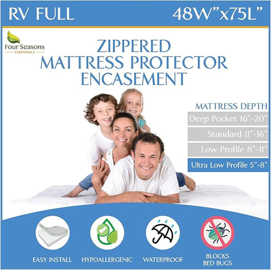 RV Short Full Mattress Protector (48” W x 75" L) Fits 5"-8" Depth - Waterproof Zippered Encasement - Fits Three Quarter 3/4 Full Mattress - Hypoallergenic Premium Bed Cover