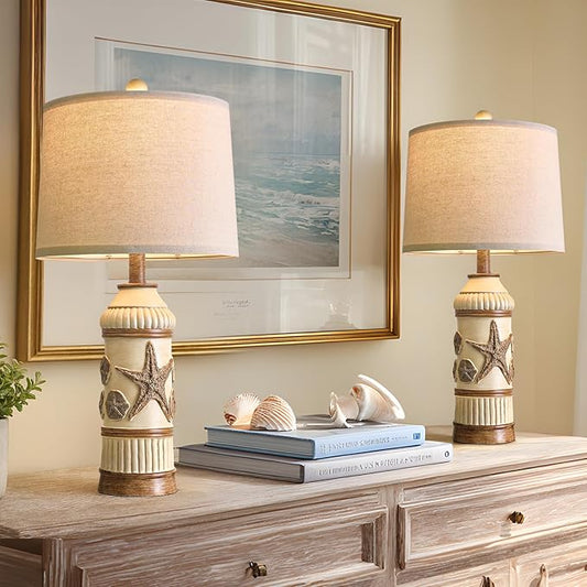 OYEARS 24" Table Lamps Set of 2,Boho Table Lamps for Living Room,Bedside Lamp for Nightstands,Coastal Nautical Lamp with Starfish Conch Pattern for Decor, End Table, Vintage Retro Beach, Off White