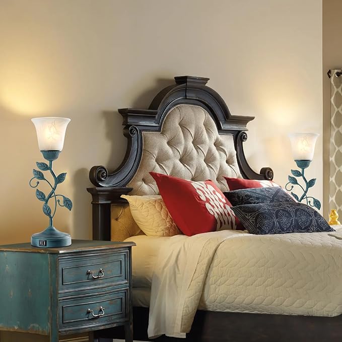 RORIANO Vintage Touch Table Lamp for Living Room, 3-Way Dimmable Nightstand Lamp with 2 USB Ports, Farmhouse Rustic White Glass Shade Leaf Desk Lamp for Bedroom End Table, LED Bulb Included