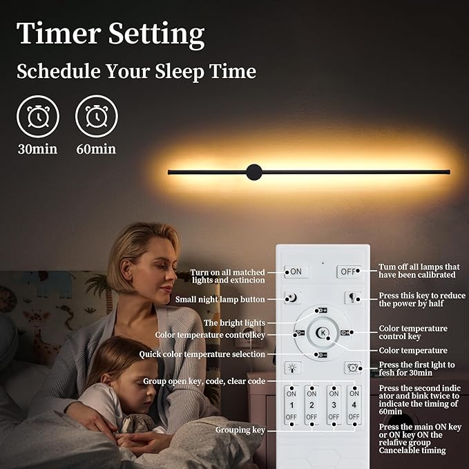 Dimmable Plug in Wall Sconce Set of 2,Black 39.37" LED Wall Light with Remote,Adjustable Color Temperature Brightness,Wall lamp with Timer for Living Room,Bedroom and Accent Lighting