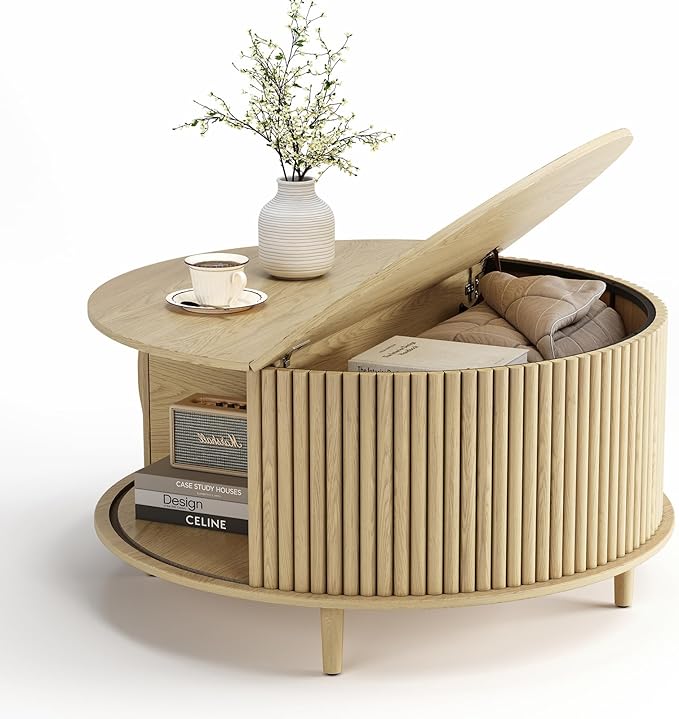 Round Coffee Table with Storage, Mid Century Modern Center Table with Sliding Cabinet Door, Fluted Dining Table for Living Room, Home Small Space, 31.5", Oak