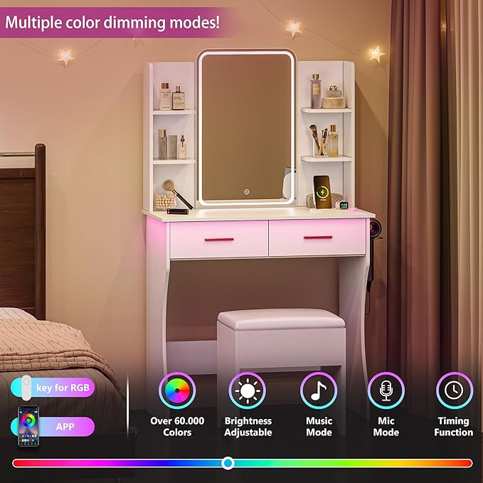 Makeup Vanity Desk with Mirror and Lights, White Vanity with Power Outlet and LED Lights, Vanity Table with 2 Drawers and 6 Storage Shelves, Vanity Set with Chair for Bedroom