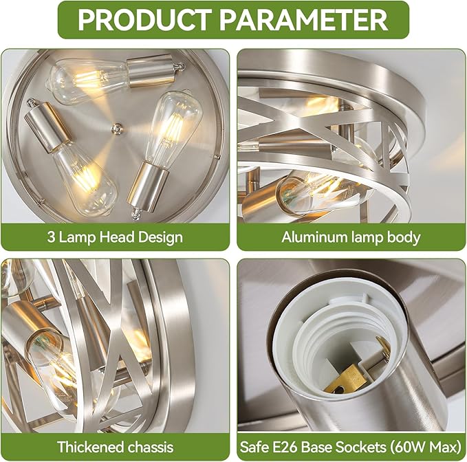 13 inch Brushed Nickel Flush Mount Ceiling Light Fixtures,3-Light Modern Hallway Light Fixtures Ceiling, Brushed Nickel Light Fixture Ceiling Mount for Farmhouse,Kitchen, Bedroom 1 Pack