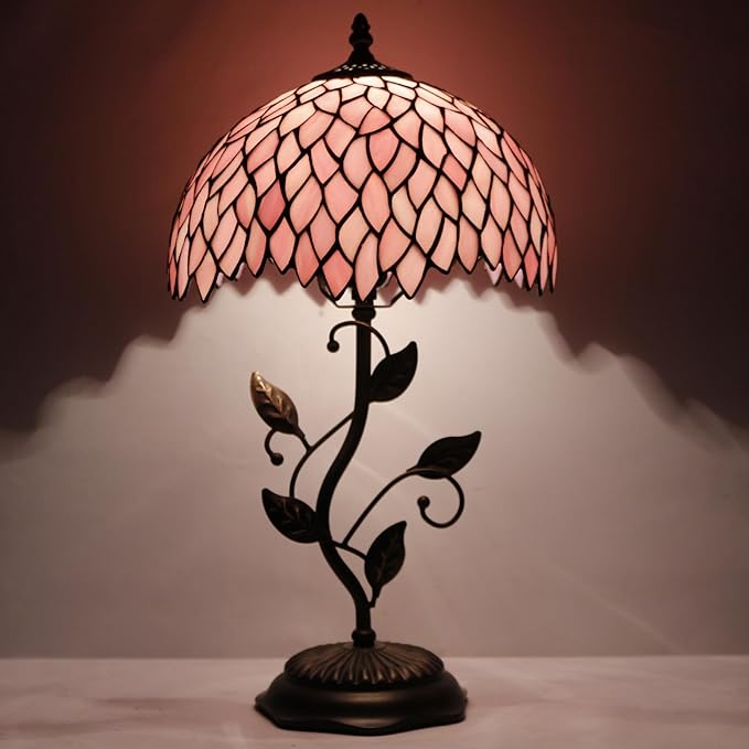 Tiffany Table Lamp, Stained Glass Desk Light, W12H19 Inch, Metal Leaf Base (Pink Wisteria)