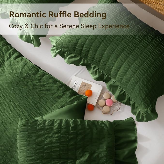 JOLLYVOGUE Dark Green Twin Size Comforter Set, 2 Pieces Seersucker Lightweight Fluffy Bedding Set, Twin Ruffle Comforter, All Season Soft Microfiber Shabby Chic Bed Set