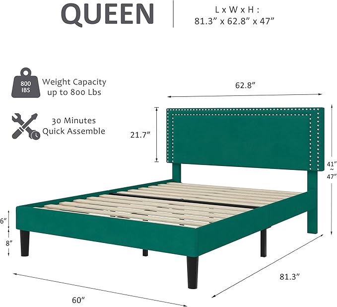 VECELO Queen Size Bed Frame with Adjustable Upholstered Headboard, Wooden Slats Platform, Noise-Free Design, Easy Assembly