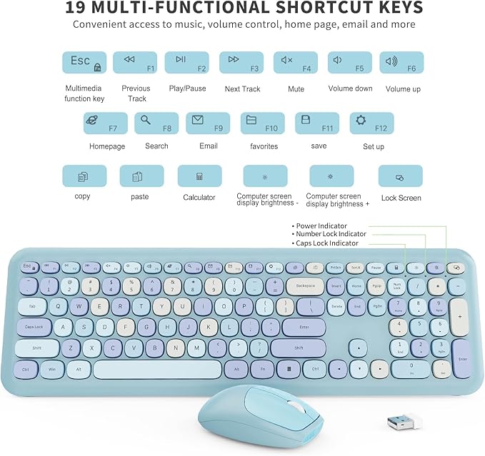 Wireless Keyboard and Mouse Combo, Colorful Ergonomic Full Size Retro Low-Noise Keyboard with Cute keycaps, Compatible with Windows, PC, Perfer for Home and Office Keyboards (Blue)