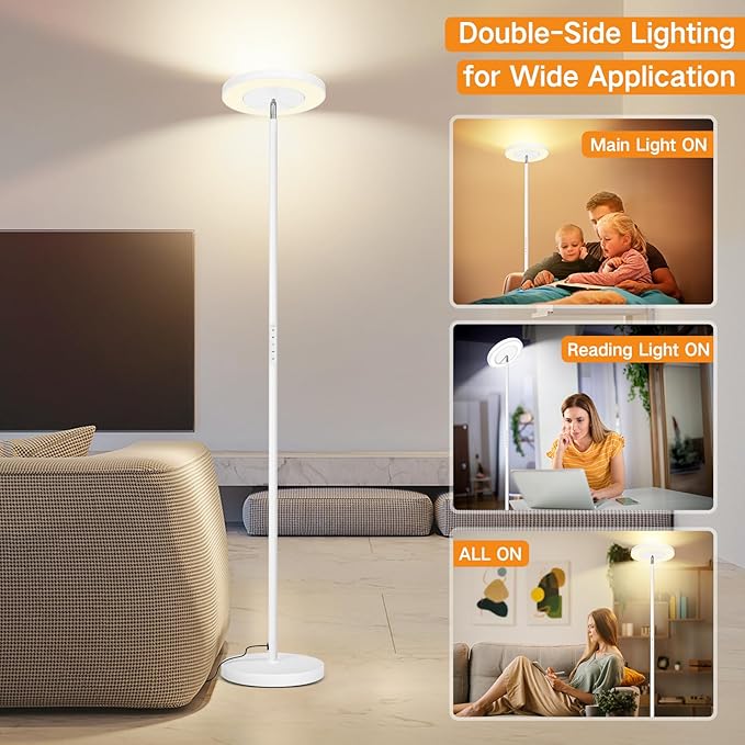 OUTON LED Torchiere Floor Lamp, Super Bright Dimmable Tall Standing Lamp with Remote Touch Control, 4 Color Temperatures, 1-Hour Timer for Living Room, Bedroom, Office (Matte White)