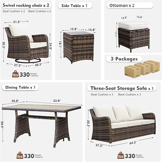 7 Pieces Patio Furniture Set with Swivel Chairs, Wicker Patio Conversation Set, Outdoor Patio Set with 2 Swivel Rocking Chair & Sofa, 2 Ottomans and Dining Table (Brown)