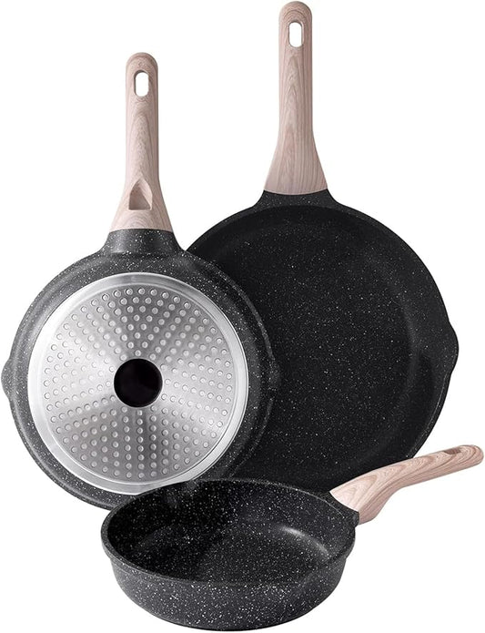 Nonstick Frying Pan Set, 3 Piece Skillet Set, Healthy Induction Cookware Cooking Pan, Stay-Cool Handle, Compatible with All Stovetops, PFOA Free (9.5, 11, 12.5 Inch)