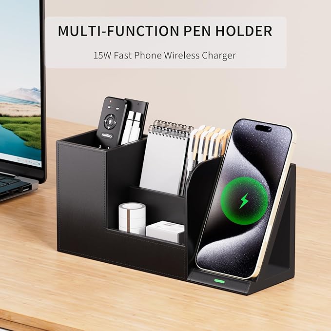 Pen Organizer with Phone Stand,Black Vegan Leather Desk Organizers with Remote Control Holder,Pencil Holder for Desk,Desk Organizer with Phone Charger for Office/Nightstand/Endtable