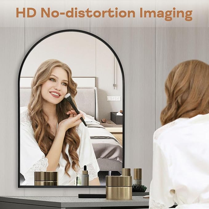 Large Black Arched Mirror, 30" x 40" Modern Brushed Metal Frame Arch Wall Decorative Mirror, Arched Top Bathroom Vanity Mirror for Living Room Bedroom Fireplace Mantel, Tempered Glass