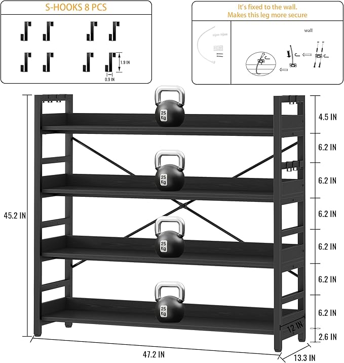 HCHQHS Bookshelf, Adjustable Industrial Bookcase, Vertical Tall Book Shelf, Wood and Black Metal Open Bookshelves for Home Office, Living Room, Bedroom (Black, 4-Tier (47" W x 44" H))