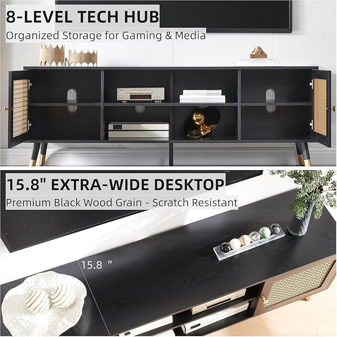 Mid Century Modern TV Consoles for Living Room, TV Stand for TVs Up to 75" - Black Entertainment Center with 2 Gold Metal Mesh Doors & MDF Wood Grain, 15.8" D x 66" W x 23.5" H
