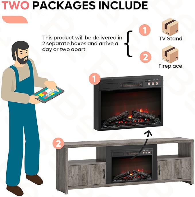 Bestier 70" Electric Fireplace TV Stand for TVs Up to 80", Modern Fireplace Entertainment Center with Storage Cabinets, LED Lights, Open Shelves and Cable Holes for Living Room, Grey