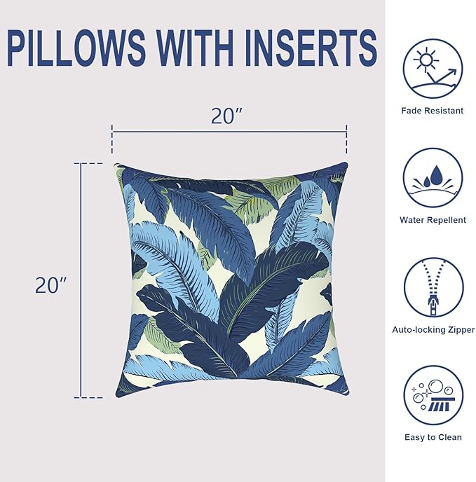 Outdoor Throw Pillows with Inners, All Weather Patio Pillows Set of 2, Square Pillows Decorative for Home Garden Furniture, 20x20 Inch, Swaying Palms Blue