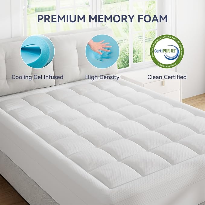 ELEMUSE King Size Dual Layer 3 Inch Memory Foam Mattress Topper, 2 Inch Cooling Gel Memory Foam and 1 Inch Thick Soft Pillow Top Mattress Pad Cover for Back Pain Relief, Bed Topper for Side Sleep