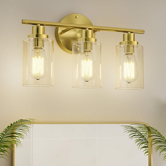 GORDNWE Modern Vanity Light Fixtures, 3 Light Brushed Gold, E26 Bulb Base, Farmhouse Style Over Mirror Lighting
