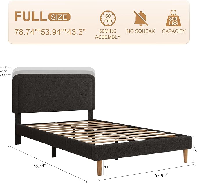 Full Size Boucle Platform Bed Frame, Anti-Collision Soft Rounded Corners, Adjustable Headboard, No Box Spring Needed, Easy Assembly, Noise Free, Dark Grey