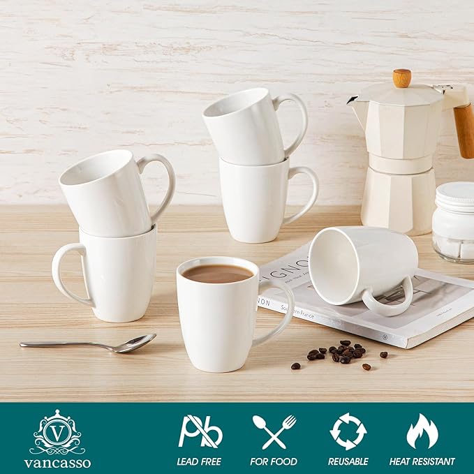 vancasso White Ceramic Coffee Mug Set of 6, 12 Oz Tea Cups with Handle for Latte, Tea, Cappuccino, Milk, Cocoa, Microwave&Dishwasher Safe