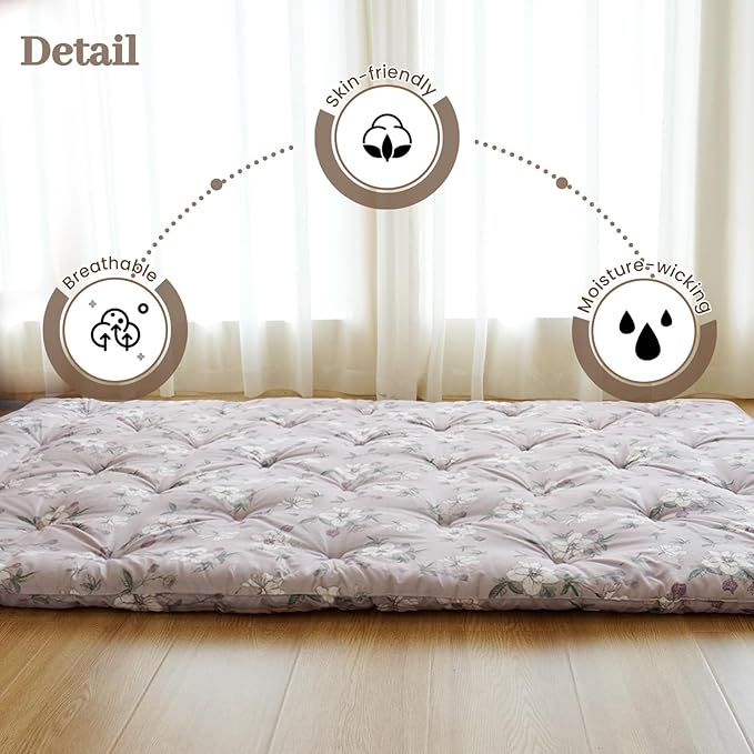 Syrinx Japanese Floor Futon Mattress, Foldable Tatami Sleeping Pad for Adults & Kids, Roll-Up Floor Bed or Bench Cushion