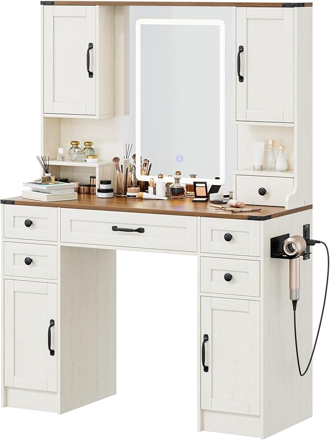 KAMABOKO Farmhouse Vanity Desk with Mirror and Lights, Large Makeup Vanity with 6 Drawers and 4 Storage Cabinets, 3 LED Lights Modes, White Dressing Table Set for Girls Bedroom