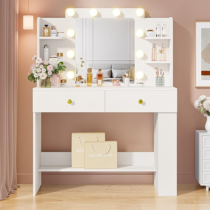 IRONCK Vanity Desk with Mirror and Lights, Small Makeup Vanity Table with 3 Color Modes, 2 Drawers, 2 Side Shelves & Open Storage Shelves, Dressing Table for Bedroom,White