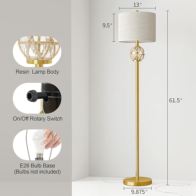 Oneach 61.5” Modern Floor Lamp for Living Room, Gold Boho Standing Lamp with Rattan Glass Design, Rotary Switch, Farmhouse Tall Lamps for Bedroom Office Dining Room (Without Bulb)