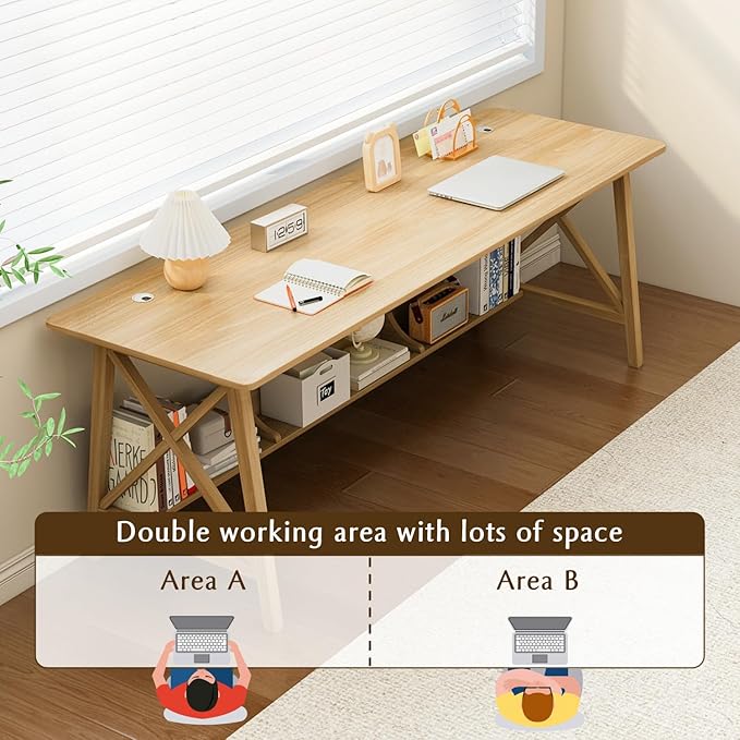 Extra Long Desk with Bookshelf - Wooden Home Office Work Study Table, 2-Person Writing Computer Workstation with Storage Shelf in Oak, 71" Wx20 Dx30 H