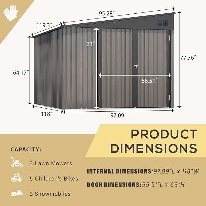 AECOJOY Shed Lean to Storage Shed, Large Outdoor 8' x 10' Metal Wall Side Bike Shed & Outdoor Storage, Garden Storage Cabinet for Backayrd, Patio and Outdoor Use in Grey