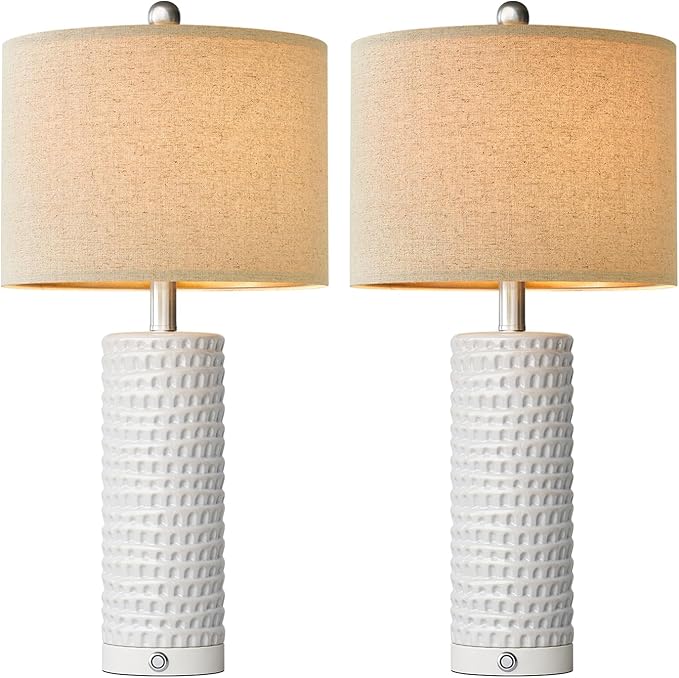PORTRES 24" Modern Ceramic 3-Way Dimmable Touch Table Lamp Set of 2 for Bedroom White Farmhouse Bedside Lamps with USB A+C Charging Ports for Living Room Nightstand Lamp End Table Lamps