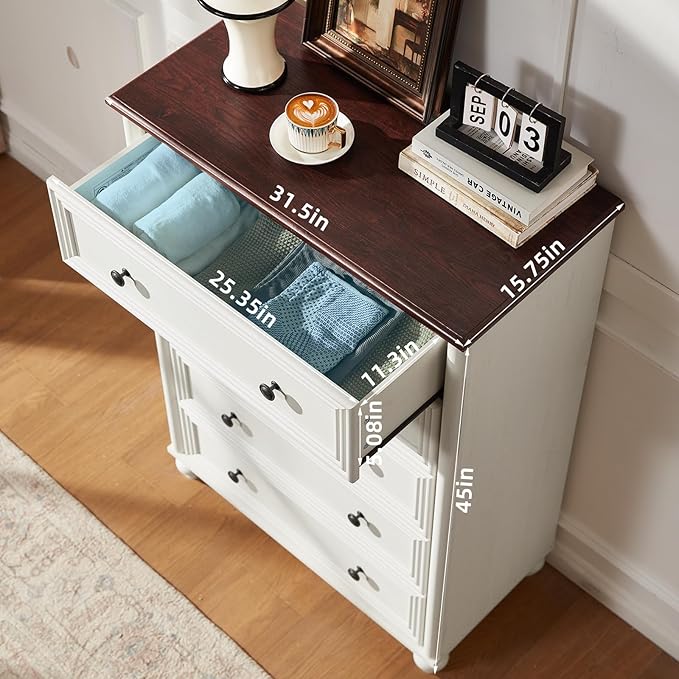 Farmhouse 5 Drawers Dresser for Bedroom, Wood 45" Tall Chest of Drawers, Dresser Rustic Storage Dressers Organizer with Metal Handle Closet for Living Room, Hallway Entryway