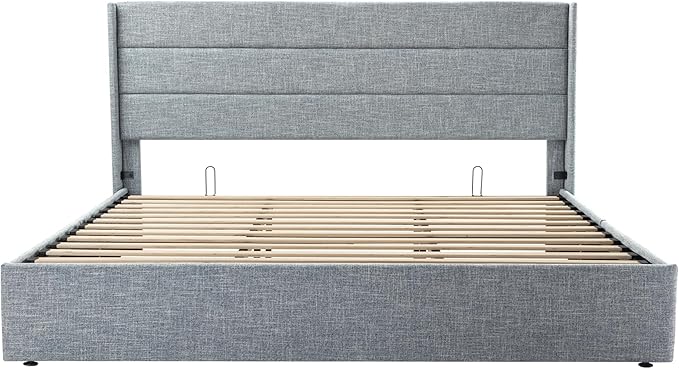 SHA CERLIN King Size Lift Up Storage Bed/Modern Wingback Headboard/Upholstered Platform Bed Frame/Hydraulic Storage/No Box Spring Needed/Wood Slats Support/Grey Blue