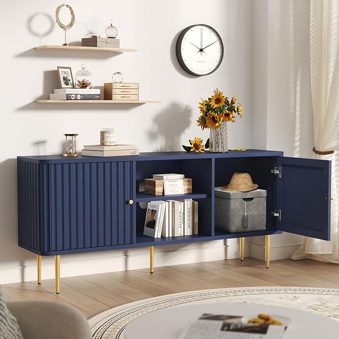 ARTPOWER 55” Fluted TV Stand, Mid Century Modern Blue TV Stand for 55/60/65 inch TV, Entertainment Center with Storage, Television Stands, TV Console, Media Console for Living Room, Bedroom (Blue)