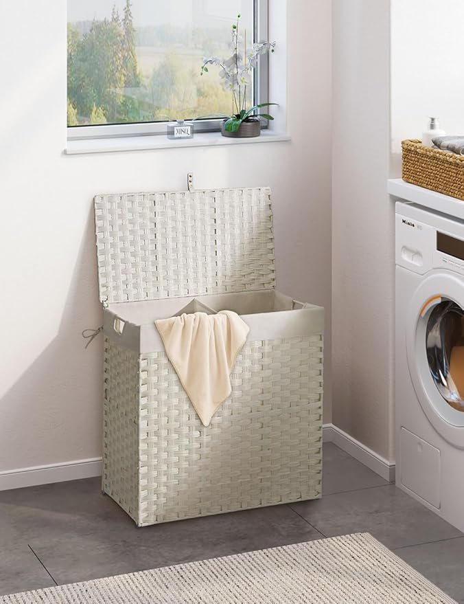 Greenstell Laundry Hamper with lid, No Install Needed, 110L Wicker Laundry Baskets Foldable 2 Removable Liner Bags, 2 Section Clothes Hamper Handwoven Rattan Laundry Basket with Handles, White