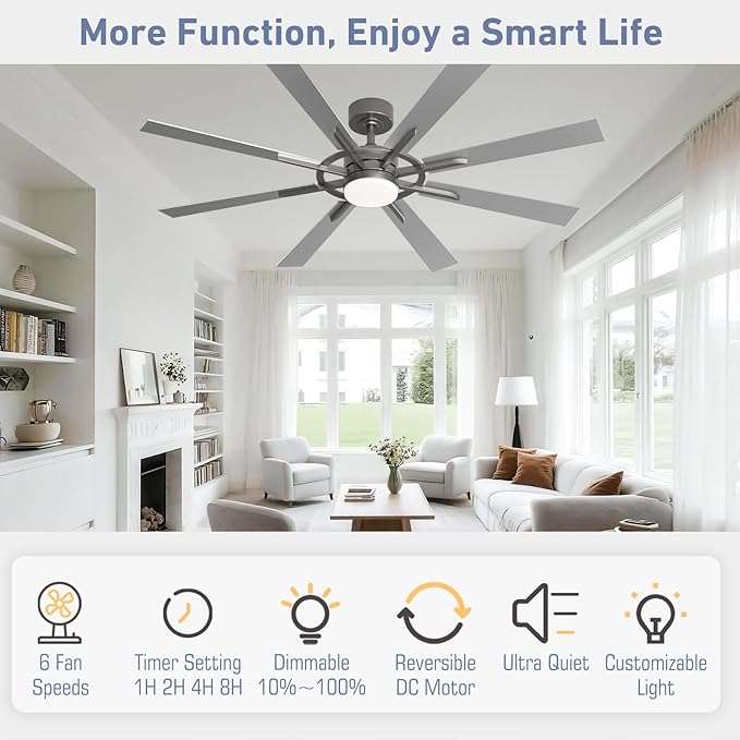 60 Inch Smart Ceiling Fan, Silver Indoor/Outdoor Ceiling Fans with Lights and Remote, Compatible with Alexa/Google/App, 3CCT Dimmable 6 Speeds Timing for Living Room Bedroom Patio