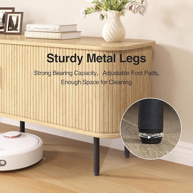 55" Natural Fluted TV Stand for TVs up to 65 Inch, Gaming Entertainment Center with Tambour Slatted Sliding Doors and Storage Cabinet, Media TV Consoles Table for Living Room, Office