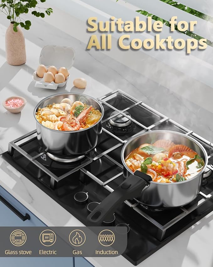 4-Pcs Stainless Steel Saucepan Set,3-Ply Stainless Steel Cookware Set with 7''&8'' Pots, Removable Handle and Multi-Purpose Silicone Lid - All Stovetop Compatible, PTFE & PFOA Free All Stovetop