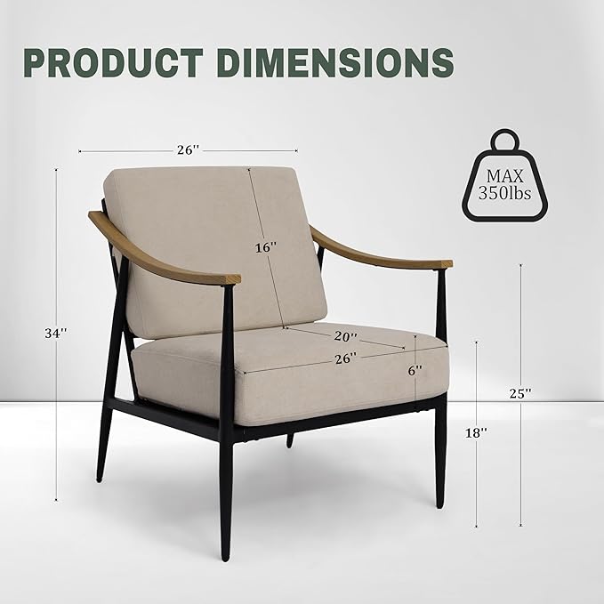 Modern Accent Chairs Set of 2 for Living Room Bedroom Mid Century Arm Chairs Upholstered Office Accent Chairs Comfy Waiting Room Chairs with Metal Frame, Beige