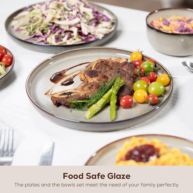 Romswi Ceramic 18Pcs Dinnerware Sets,Stoneware Plates and Bowls Set for 6, Chip & Scratch Resistant Dish Set, Handmade Reactive Glaze Plate Set, Oven, Microwave & Dishwasher Safe,Wheat Green