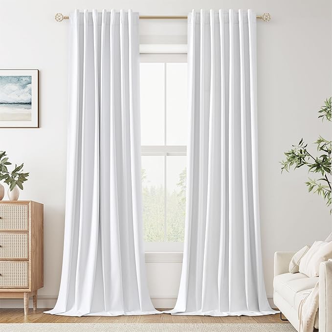 Guken White Linen Blackout Curtains 100 Inch Length 2 Panels Set for Living Room Bedroom Back Tab Thermal Insulated 100% Black Out Linen Drapes Room Darkening Window Curtains 100 Inches Long White