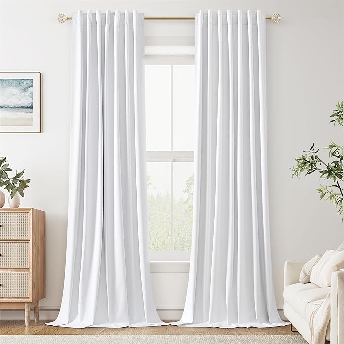 Guken White Linen Blackout Curtains 126 Inch Length 2 Panels Set for Living Room Bedroom Back Tab Thermal Insulated 100% Black Out Linen Drapes Room Darkening Window Curtains 126 Inches Long White