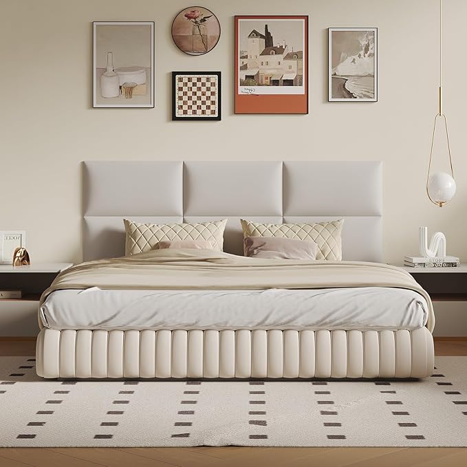 12-Piece Wall Mount Headboard Kit - White Peel and Stick Upholstered Headboard for Queen Size Bed, Floating Bed Backboard, 24" x 12" Panels, Artificial Leather