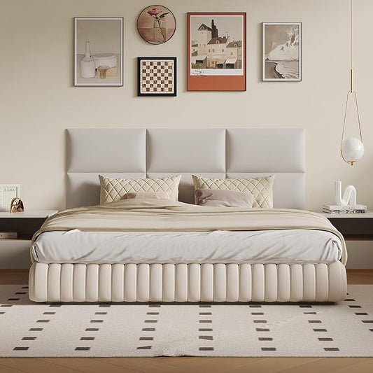 6-Piece Wall Mount Headboard Kit - White Peel and Stick Upholstered Headboard for Queen Size Bed, Floating Bed Backboard, 24" x 12" Panels, Artificial Leather