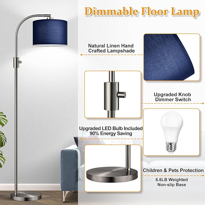 【Upgraded】 Dimmable Brushed Nickel Floor Lamp, 1200 Lumens LED Bulb Included, Arc Floor Lamps for Living Room Modern Standing Lamp with Blue Shade, Tall Lamp for Living Room Bedroom Office Study room