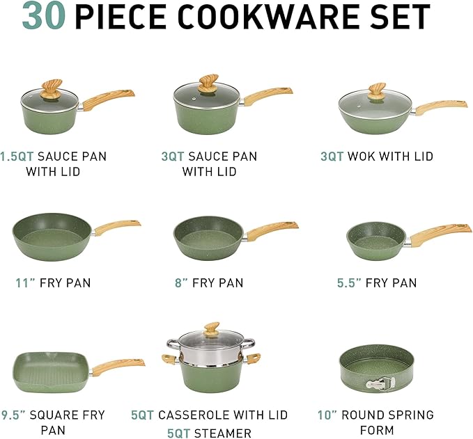 MAISON ARTS 30 Piece Pots and Pans Set Non Stick, Kitchen Cookware & Bakeware Sets with Nonstick Granite Coating, Baking Tray, Frying Pan and Saucepan, Green