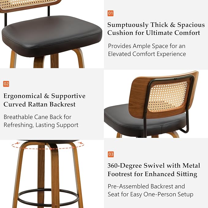 Swivel Counter Height Stools - 26 inch Counter Stools Set of 2 with Curved Rattan Back, Walnut Craftsmanship, Upholstered Seat, Counter Height Bar Stool for Island/Pub/Kitchen (26" Seat Height, Black)
