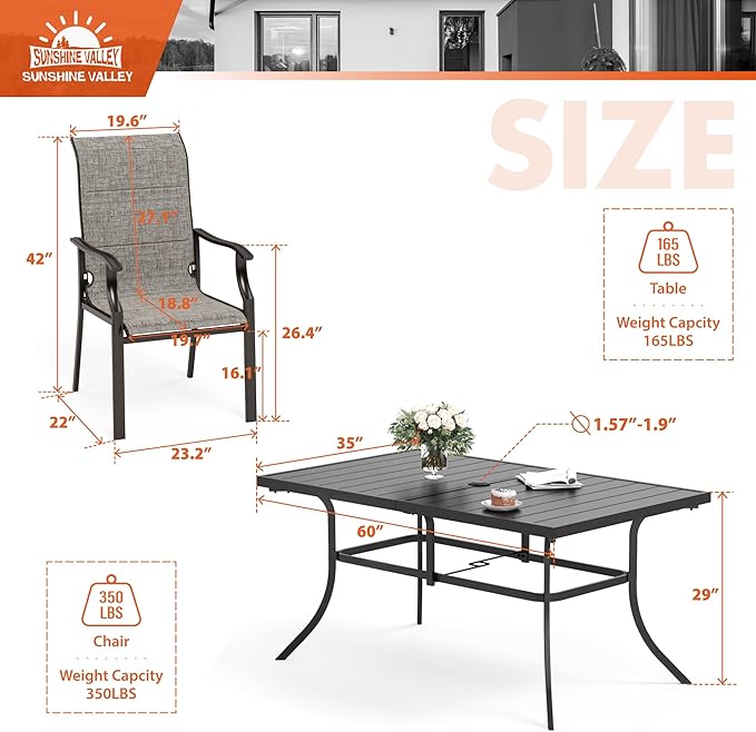 7 Piece Patio Dining Sets for 6, Metal Outdoor Table and Chairs Set with 1 Patio Dining Table(1.57-1.9" Hole) and 6 Textilene Patio Dining Chairs, Outdoor Dining Set for Deck Backyard